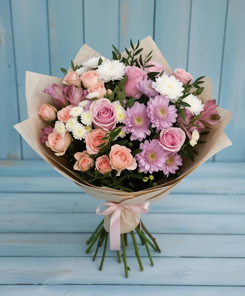 Букет цветов из: Хризантемы, Розы и Альстромерии в Наушки