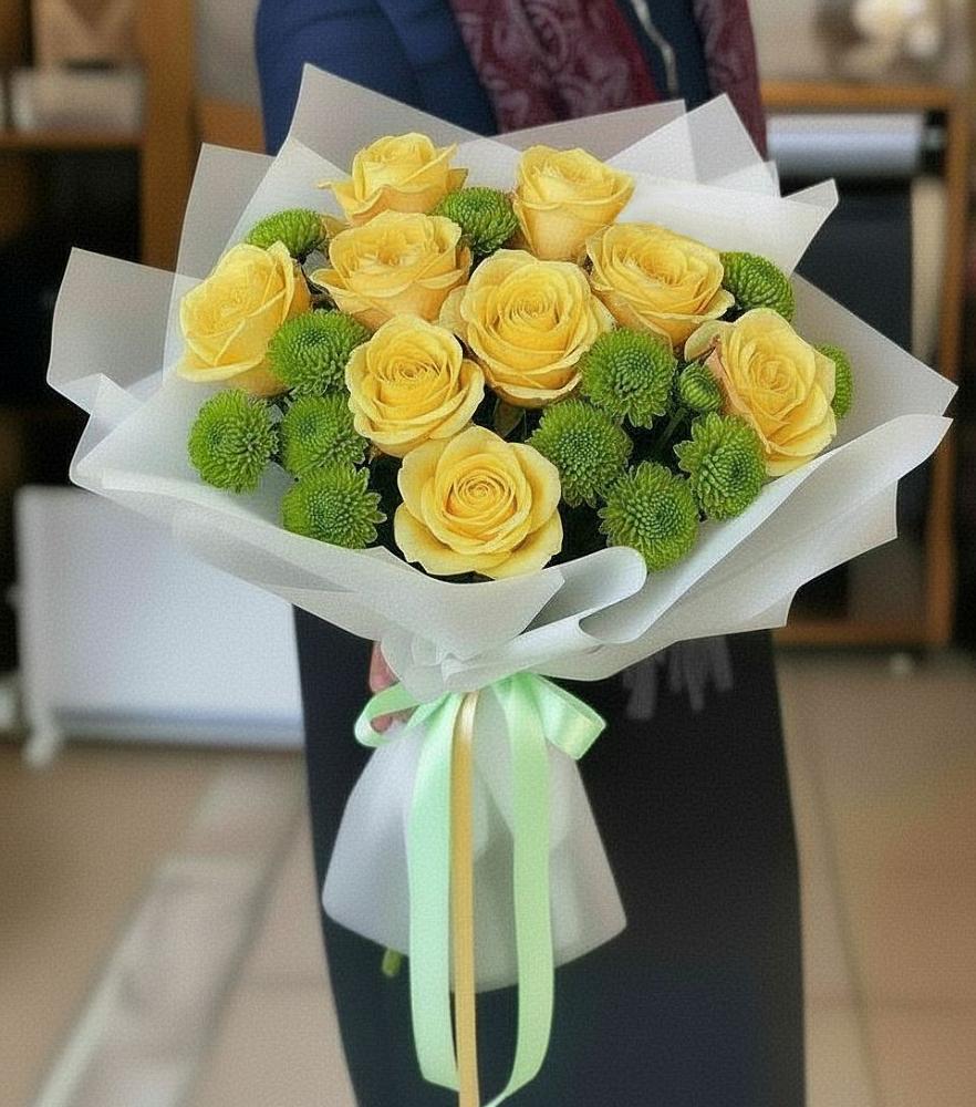 Букет цветов из: Хризантемы и Розы в Наушки