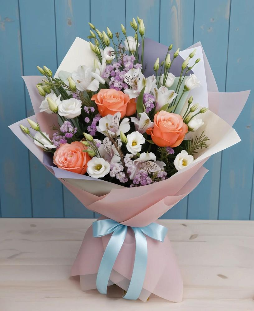 Букет цветов из: Лизиантусы, Розы, Альстромерии и Гипсофила в Наушки