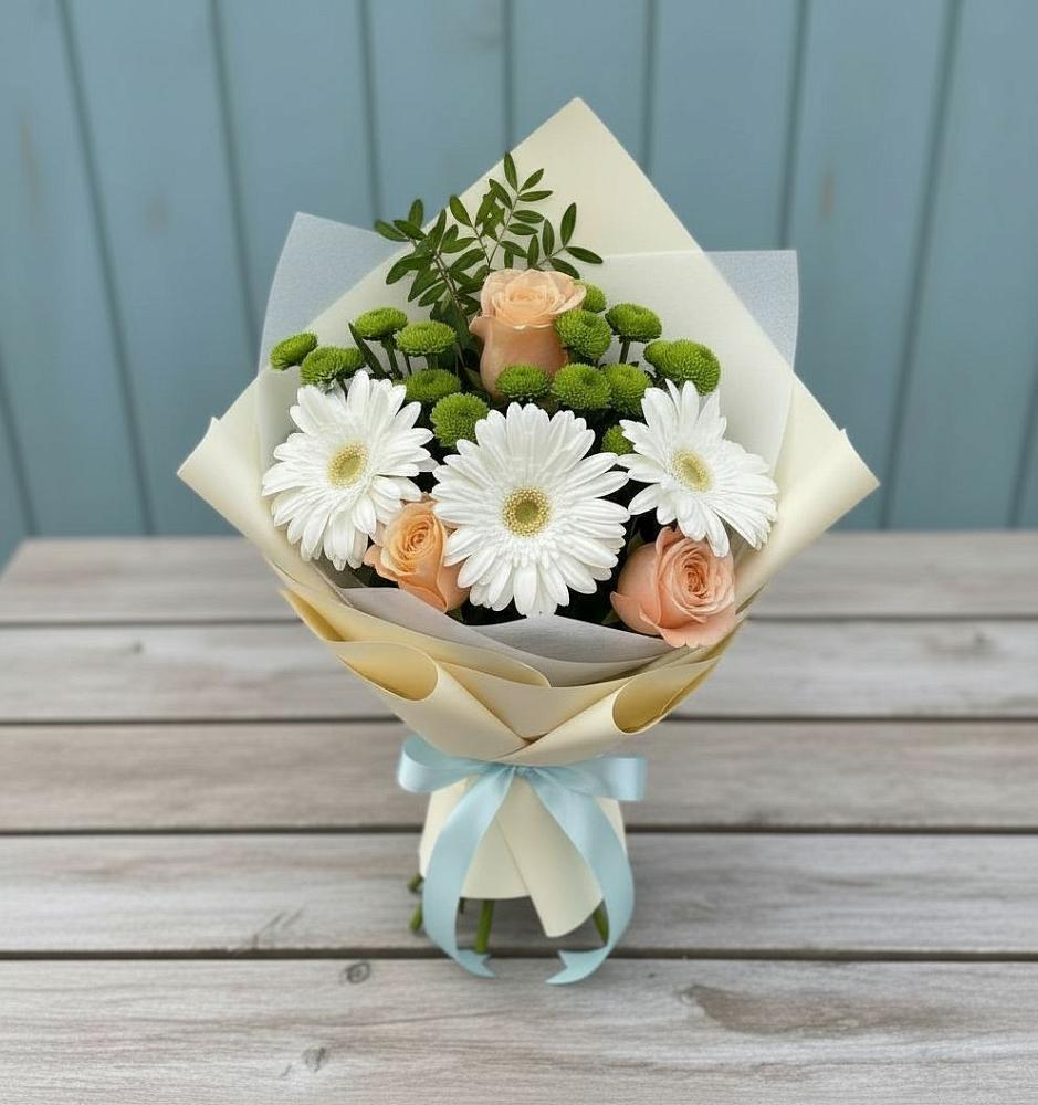 Букет цветов из: Герберы, Розы и Хризантемы в Наушки