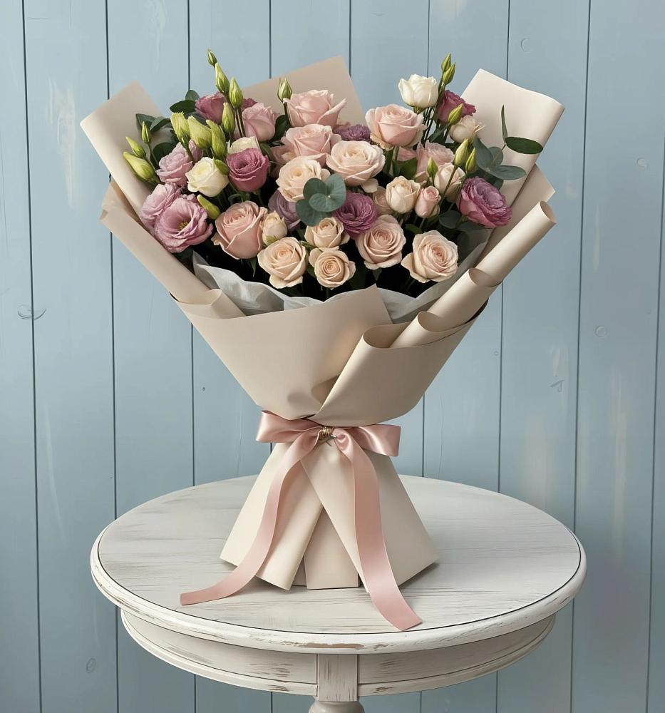 Букет цветов из: Розы и Лизиантусы в Наушки