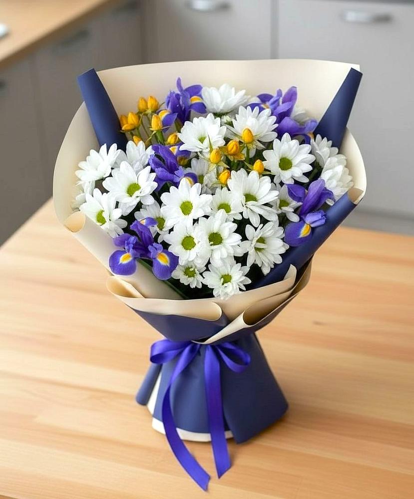 Букет цветов из: Розы, Ирисы и Хризантемы в Наушки