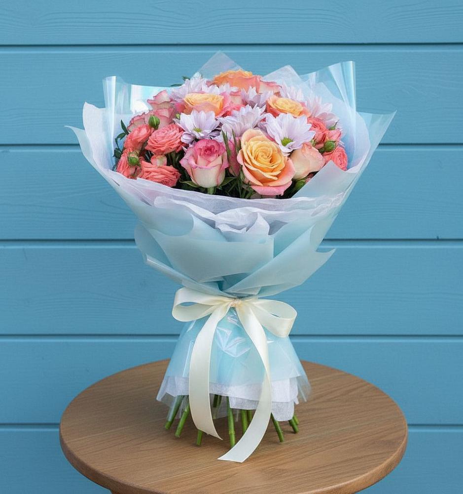 Букет цветов из: Хризантемы и Розы в Наушки