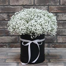Цветочная композиция из Гипсофила в шляпной коробке в Наушки